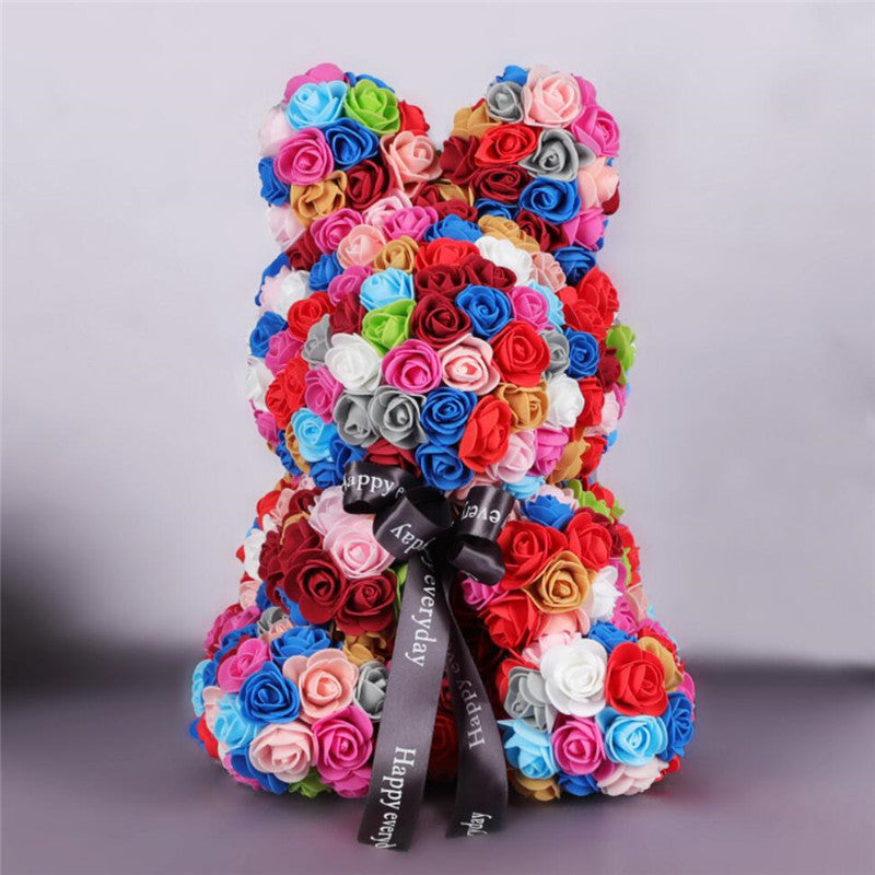 Rainbow Rose Bunny With Black Ribbon