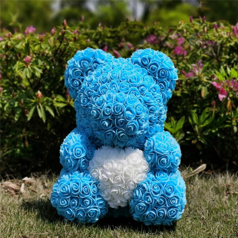 Sky Blue Rose Bear With White Rose Heart