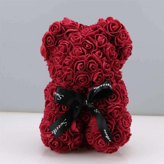 Burgundy Rose Bear With Black Ribbon