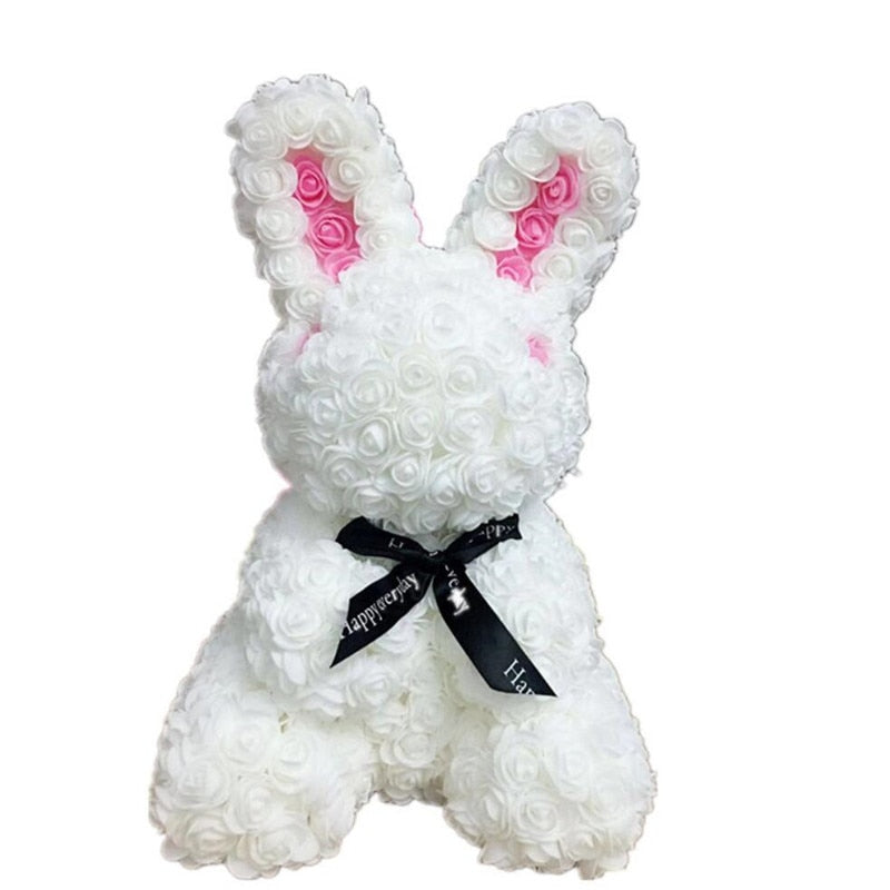 White Rose Bunny With black Ribbon Real Rose Bear White Rose Bunny With black Ribbon Real Rose Bear