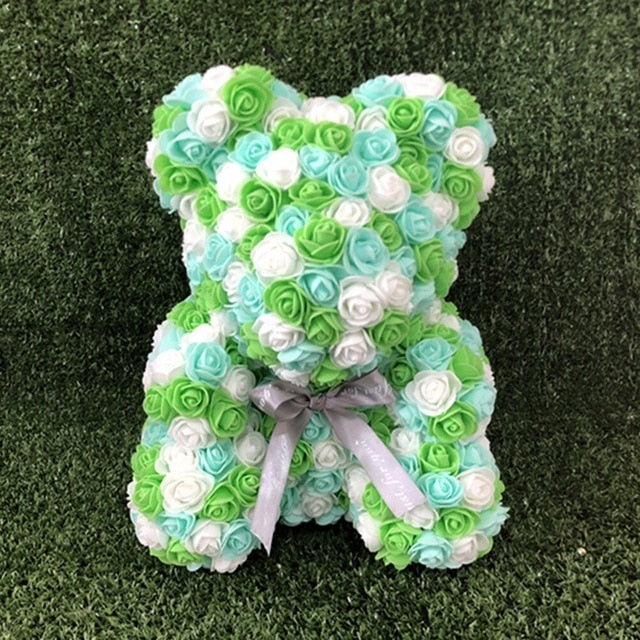 Green & White Rose Bear With Gray Ribbon