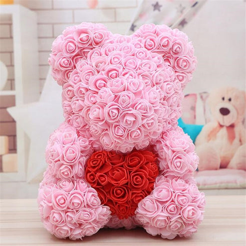 Light Pink Rose Bear With Red Rose Heart – Real Rose Bear