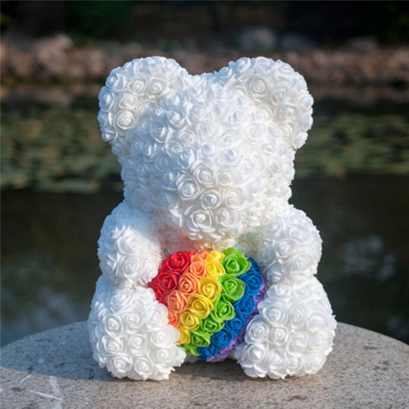White Rose Bear With Rainbow Rose Heart