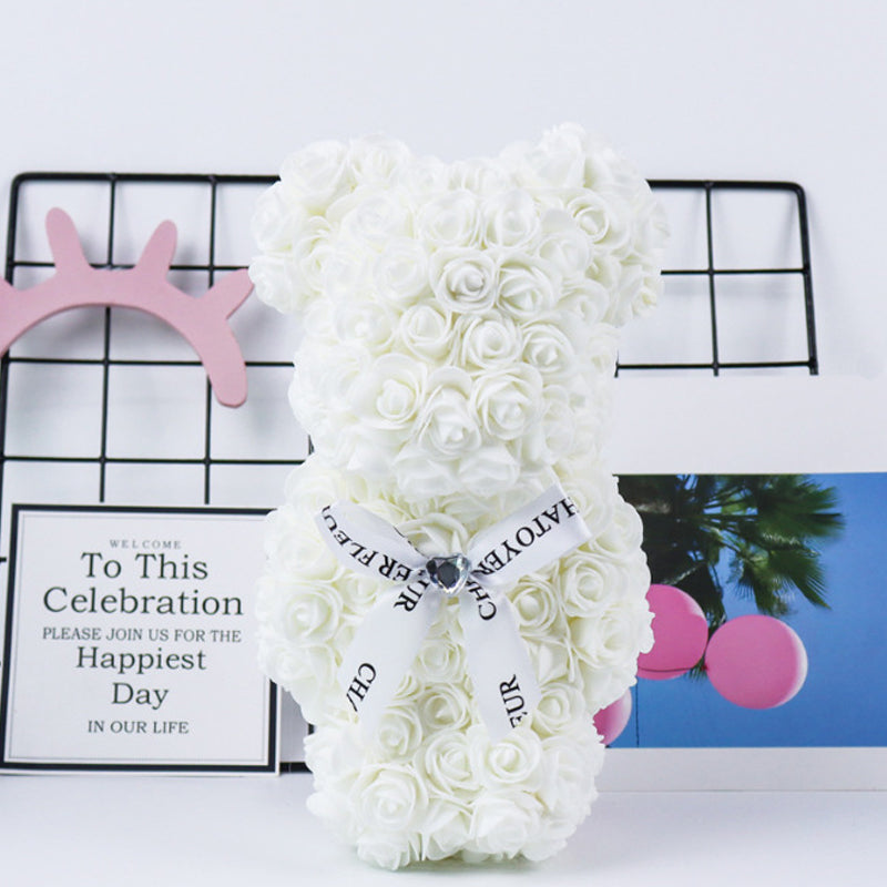 Standing Rose Bear With White Ribbon